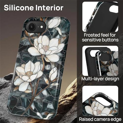 Magnetic Case for iPhone 16e, Compatible with Magsafe,PC Hard Shell & Silicone Inner Bumper, Anti-Scratch Full-Body Cover Shockproof Slim Design - Stained Glass Unique Magnolia - color: Stained Glass Unique Magnolia, size: iPhone 16e