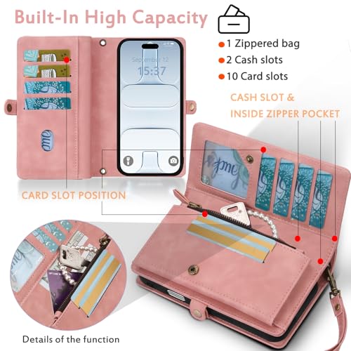 for Wallet Case Compatible with iPhone 17 Air,Multi-Function Detachable 2 in 1 Magnetic iPhone 17 Air Case Wallet,Flip Strap Zipper Card Holder Phone Case with Shoulder Straps (Pink) - color: Pink, size: iPhone 17Air
