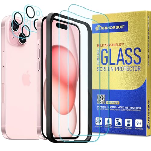 ArmorSuit Glass Screen Protector for iPhone 15 (6.1 Inch) + Camera Lens Protector Tempered Glass 2+2 Pack Case Friendly (w/Alignment Tool) - size: iPhone 15 6.1"