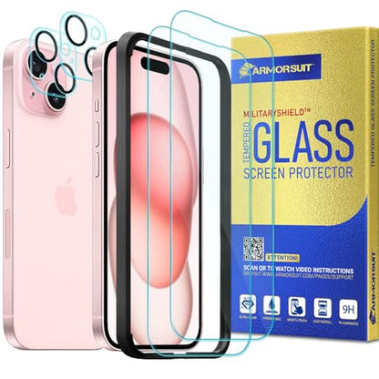 ArmorSuit Glass Screen Protector for iPhone 15 (6.1 Inch) + Camera Lens Protector Tempered Glass 2+2 Pack Case Friendly (w/Alignment Tool) - size: iPhone 15 6.1"
