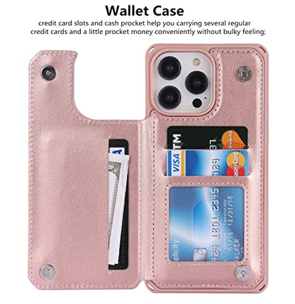 iCoverCase Compatible with iPhone 14 Pro Max Wallet Phone Case with Card Holder for Women, RFID Blocking Embossed PU Leather Wrist Strap Case 6.7 Inch (Heart Rose Gold) - color: H-Rose Gold