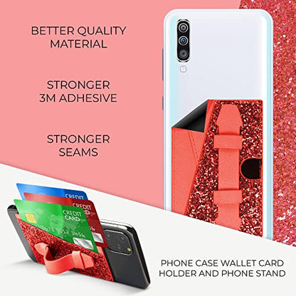 Stick On Phone Wallet, Finger Strap Grip, Credit Card Holder, Faux Leather - color: Red