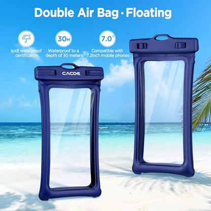 CACOE Floatable Waterproof Phone Pouch 2 Pack Up to 7.0",Black+Dark Blue | Floatable, IPX8 Waterproof Phone Case,Adjustable Lanyard,Dry Bags for Beach/Cruise/Travel/Camping/Kayak/Vacation Essentials - color: Black+Dark Blue