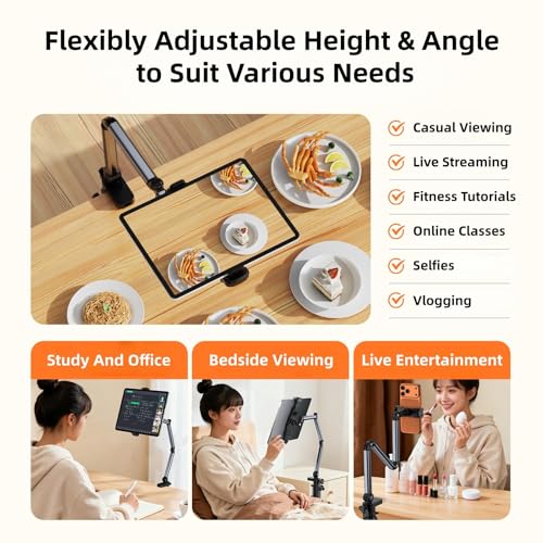 Aluminum Foldable Arm Tablet Stand, 360° Rotatable Phone Holder iPad Stand, Adjustable Tablet Mount for 4.7"-15.6" iPad, iPhone, Galaxy Tab, Compatible with Desk Bedside Kitchen, Gray