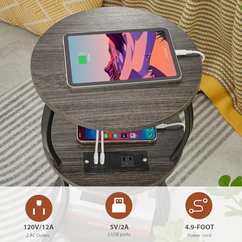 YEAKOO Small Side Table with Charging Station,3-Tier Round end Table - color: Grey, style: USB Charger