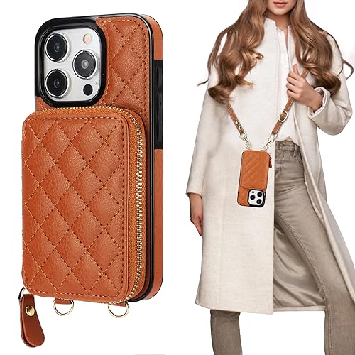 Bocasal Crossbody Wallet Case Card Holder for iPhone 15 Pro, Brown | RFID Blocking PU Leather Zipper Handbag Purse, Kickstand Flip Folio Case with Card Slots Holder Wrist Strap Lanyard 6.1 Inch - color: Brown