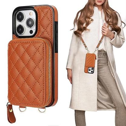 Bocasal Crossbody Wallet Case Card Holder for iPhone 15 Pro, Brown | RFID Blocking PU Leather Zipper Handbag Purse, Kickstand Flip Folio Case with Card Slots Holder Wrist Strap Lanyard 6.1 Inch - color: Brown