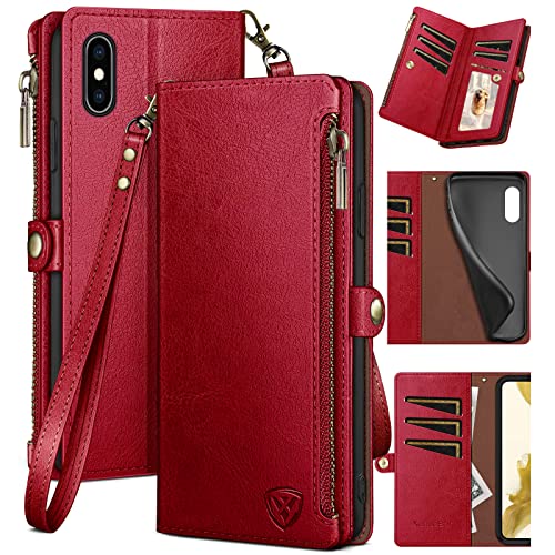 XcaseBar for iPhone Xs Max 6.5" Wallet case with Zipper Credit Card Holder【RFID Blocking】, Flip Folio Book PU Leather Phone case Shockproof Cover Women Men for Apple XS Max 6.5" case Red - color: Red