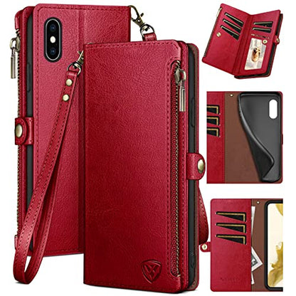 XcaseBar for iPhone Xs Max 6.5" Wallet case with Zipper Credit Card Holder【RFID Blocking】, Flip Folio Book PU Leather Phone case Shockproof Cover Women Men for Apple XS Max 6.5" case Red - color: Red