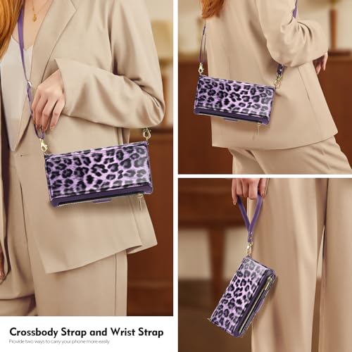 Antsturdy Crossbody Phone Wallet Case for iPhone 15 Pro Max,Leopard-Purple | RFID Blocking,PU Leather Flip Cover,Kickstand,with Credit Card Holder,Wrist Strap Lanyard & Handbag Purse,for Women & Men - color: (Crossbody) - Leopard-Purple