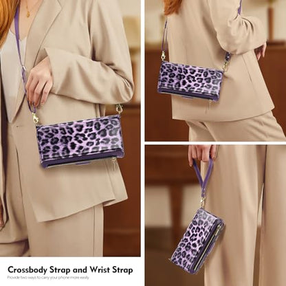 Antsturdy Crossbody Phone Wallet Case for iPhone 15 Pro Max,Leopard-Purple | RFID Blocking,PU Leather Flip Cover,Kickstand,with Credit Card Holder,Wrist Strap Lanyard & Handbag Purse,for Women & Men - color: (Crossbody) - Leopard-Purple