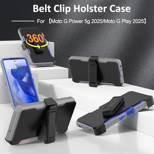 Rugged Phone Case for Moto G Power 5G 2025/Moto G Play 2025, with Belt Clip Holster & Kickstand Heavy Duty Shockproof Protective Full Body Case (Grey+Blue) - color: Grey+Blue