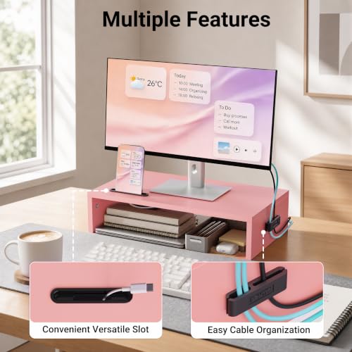 BONTEC Monitor Stand Riser with Cellphone Holder & Cable Management - color: Pink, size: 16.7 Inch