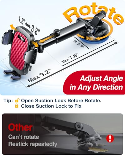 YRU True Military-Grade [360° Rotation Suction] 2026 Ultimate Car Phone Holder Mount 【90+LBS Safest Strongest & Patent Certs】 Dashboard Windshield Vent for iPhone 18 Pro Max Samsung Webcam, Red - color: Red