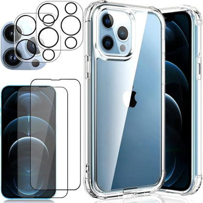 5 in 1 Clear Case for iPhone 12 6.1-Inch, with 2 Screen Protector and 2 Camera Lens Protector, 9H Edge Protection Tempered Glass Film, Shockproof Drop Transparent Protection Cover - size: iPhone 12
