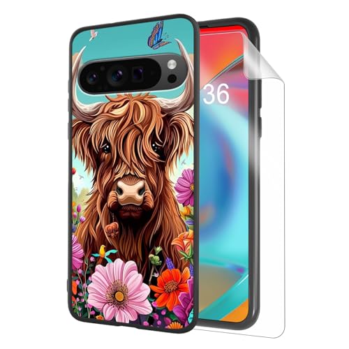 for Google Pixel 9 Pro XL Phone Case TPU Shockproof Full Body Protection Cover 6.8" Cute Highland Cow for Pixel 9 Pro XL Lightweight Compatible Wireless Charging Screen Protector Film - color: Cute Highland Cow