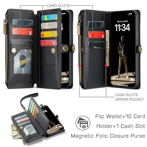 Defencase for iPhone 14 Plus Wallet Case with RFID Card Holder, Black | Durable Soft PU Leather, with Zipper Pocket, Wrist Strap, Fashion Snap Flip Phone Cases Cover with Stand for Women and Men - color: Black