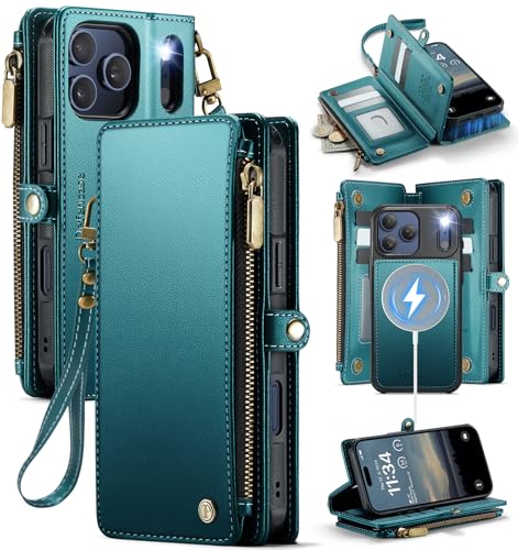 Defencase for iPhone 17 Pro Max Case Wallet Compatible with Magsafe, Green | Drop-Proof Magnetic Detachable Phone Cases Cover, with RFID Bolcking Card Holder, Zipper Strap, PU Leather, Removable Wallet - color: (Detachable with Magsafe)-Blue Green