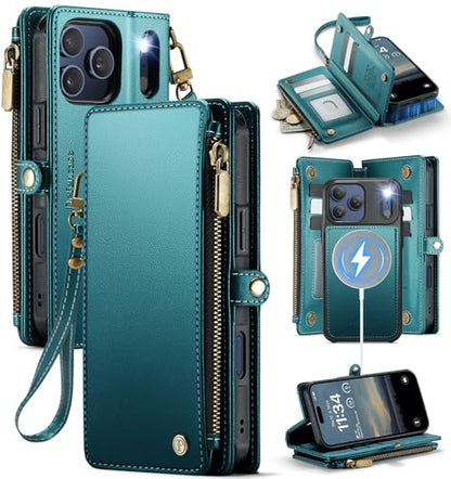 Defencase for iPhone 17 Pro Max Case Wallet Compatible with Magsafe, Green | Drop-Proof Magnetic Detachable Phone Cases Cover, with RFID Bolcking Card Holder, Zipper Strap, PU Leather, Removable Wallet - color: (Detachable with Magsafe)-Blue Green