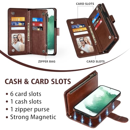 Asuwish Phone Case for Samsung Galaxy S22 5G Zipper Wallet Detachable Cell Cover with Tempered Glass Screen Protector Crossbody Lanyard Strap Flower Card Holder S 22 22S 4G G5 6.1 inch Women Brown - color: Brown