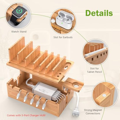 Pezin & Hulin Bamboo Charging Station with 5-Port USB & 5 Cables