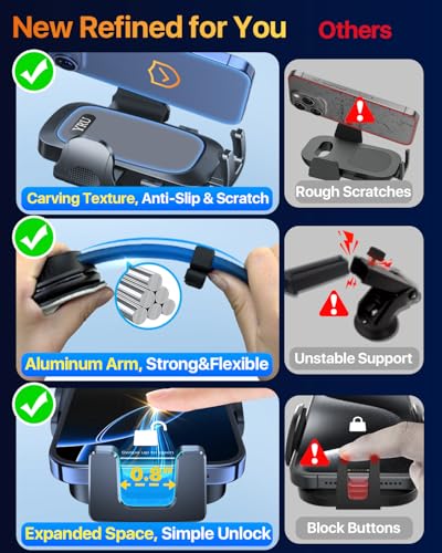 YRU 2026 Ultimate Car Phone Holder Mount Bendable & Adjustable Aluminum Arm Cell Phone Holder for Car Dashboard Windshield Phone Stand for iPhone 17 16 15 14 Pro Max Samsung Pickup Truck,Dark Silver - color: Dark Silver