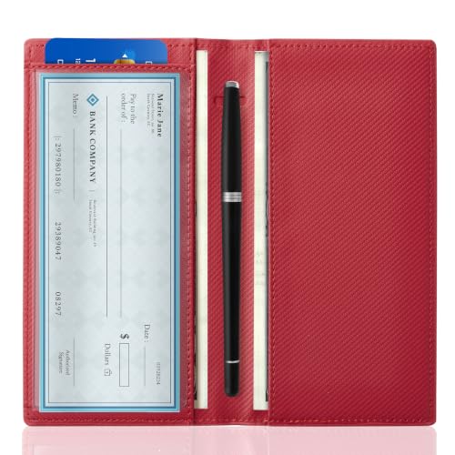 CoBak Checkbook Cover for Women & Men - PU Leather Case with RFID Blocking | Classic Design Check Book Holder for Personal and Business - color: Carbon Red