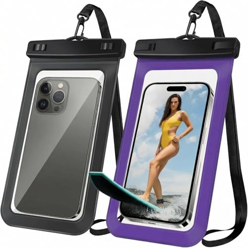 [2 Pack Waterproof Phone Case, Universal Dry Bag for iPhone 15/14/13/12 Pro Max, IPX8 Waterproof Pouch, Cruise Ship & Beach Essentials, Black & Purple - 6.8" - color: A5-Black+Purple-2 pack, size: 6.8in