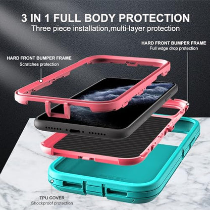 YKHJKLEC for iPhone 11 Pro Max Case, Military Grade 3 in 1 Heavy Duty Shockproof/Drop Proof/Dust Proof Case with 2Pcs Tempered Glass Screen Protector (Aqua Blue/Pink) - color: Aqua Blue/Pink