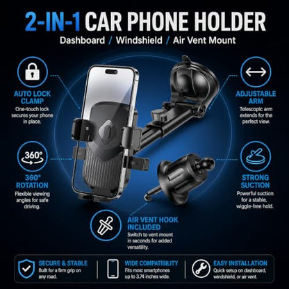 Black Car Phone Holder, 360° Dashboard Windshield Air Vent Mount - color: Black