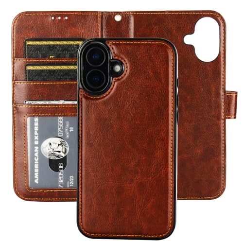 Bocasal Detachable Wallet Case Card Holder for iPhone 16 Plus, Brown | RFID Blocking Kickstand Card Slots Holder PU Leather Magnetic Shockproof Wrist Strap Removable Flip Protective Cover 6.7 inch - color: Brown