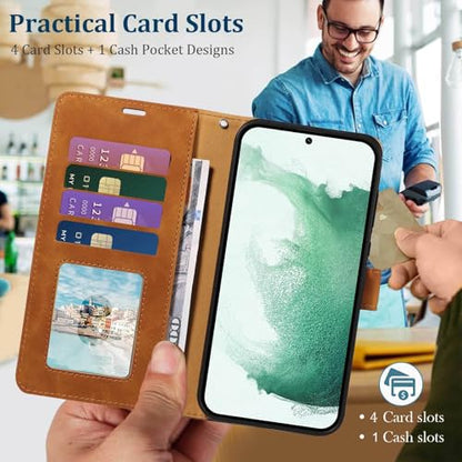 Wallet Case for Galaxy S22, RFID Blocking, 4 Card Slots, Brown | For Samsung Galaxy S22 6.1 inch, PU Leather Flip Cover, Protective TPU Shell, Magnetic Closure, Stand, Wrist Strap - color: Brown
