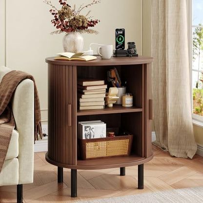 Oval End Table with Charging Station & Sliding Door (1, Walnut) - color: Walnut