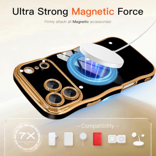 tharlet for iPhone 17 Pro Max Case Black with 360° Spin Magnetic Stand | Cute Luxury Plating Gold Curly Wave Edge, [Compatible with Magsafe] Full Camera Lens Protection ,Women Girl daily matching - color: Black Curly Edge, size: iPhone 17 Pro Max