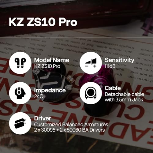 Linsoul KZ ZS10 Pro, 4BA+1DD 5 Driver in Ear Monitor, HiFi Wired Earbuds, Gaming Earbuds, Hybrid IEM Earphones with Stainless Steel Faceplate, Detachable Cable for Musician (with Mic, Purple) - color: Purple, style: With Mic