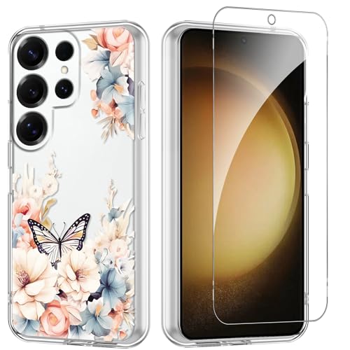 Flower Phone Case Floral for Samsung Galaxy S23 Ultra 5G 6.8'' with Screen Protector, Clear Transparent Phone Cover Slim Soft Shockproof Anti-Scratch Drop Protection Funda for Girls Women - color: Yellow Peony, size: Samsung Galaxy S23 Ultra 5G