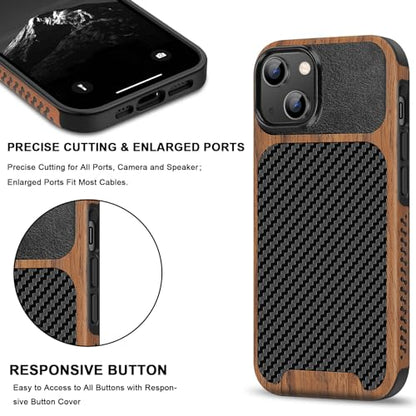 TENDLIN Compatible with iPhone 15 Plus Case Wood Grain with Carbon Fiber Texture Design Leather Hybrid Slim Case (Black) - color: Black, size: iPhone 15 Plus