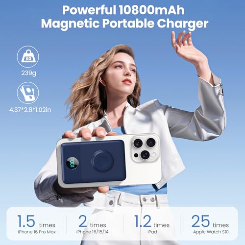 Ekrist Magnetic Portable Charger 10800mAh for MagSafe with Built-in Cable,iWatch Charger,Wireless Power Bank Travel Essentials,25W Fast Charging Battery Pack for iPhone 17/16/15/14,Apple Watch(Navy) - color: Navy