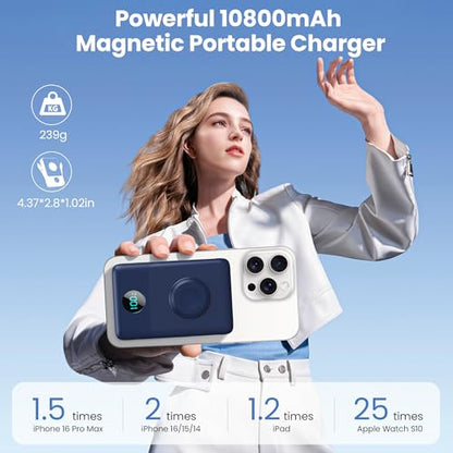 Ekrist Magnetic Portable Charger 10800mAh for MagSafe with Built-in Cable,iWatch Charger,Wireless Power Bank Travel Essentials,25W Fast Charging Battery Pack for iPhone 17/16/15/14,Apple Watch(Navy) - color: Navy