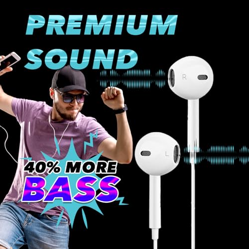 Wired Earbuds with Microphone, 3.5mm in‑Ear Headphones with Inline Volume Control, Plug‑in Earphones for Laptops, Tablets, and Phones – White