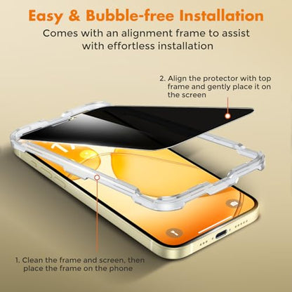 UNBREAKcable Privacy Screen Protector for iPhone 15, Full Coverage Shatterproof Tempered Glass [True 28°Anti Spy] [9H Hardness] [Easy Installation Frame] 2-Pack Private Screen for iPhone 15 - size: iPhone 15
