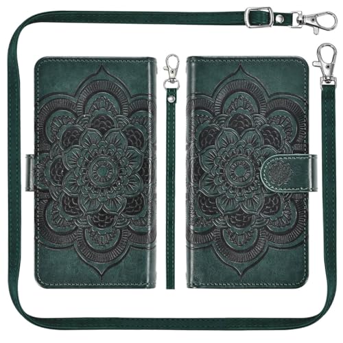 Asuwish Phone Case for Samsung Galaxy S22 5G Zipper Wallet Magnetic Cell Cover with Tempered Glass Screen Protector Crossbody Lanyard Strap Flower Card Holder S 22 22S 4G G5 6.1 inch Women Dark Green - color: Dark Green