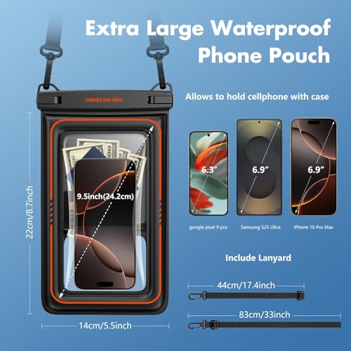 UNBREAKcable [UP to 9.5"]XL Size EXTRA Large Waterproof Phone Pouch Floating IPX8 Phone Case Dry Bag for iPhone 17 Air 16 15 14 Pro Max Samsung S25 Ultra, Travel Kayaking Beach Essentials - 2 Pack - size: 9.5 inch