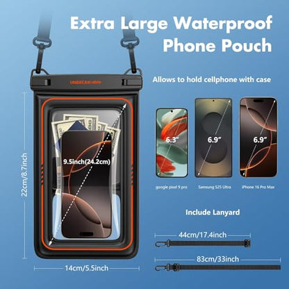 UNBREAKcable [UP to 9.5"]XL Size EXTRA Large Waterproof Phone Pouch Floating IPX8 Phone Case Dry Bag for iPhone 17 Air 16 15 14 Pro Max Samsung S25 Ultra, Travel Kayaking Beach Essentials - 2 Pack - size: 9.5 inch