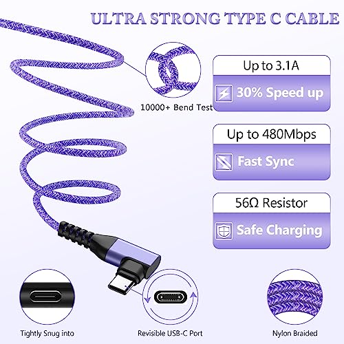 USB Type C Cable 6FT 3Pack Fast Charging Right Angle Cable,3A USB C Charger