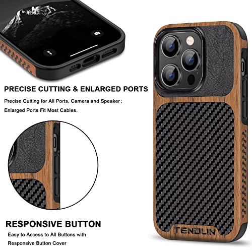 TENDLIN Compatible with iPhone 14 Pro Case Wood Grain with Carbon Fiber Texture Design Leather Hybrid Slim Case Black - color: Black, size: iPhone 14 Pro