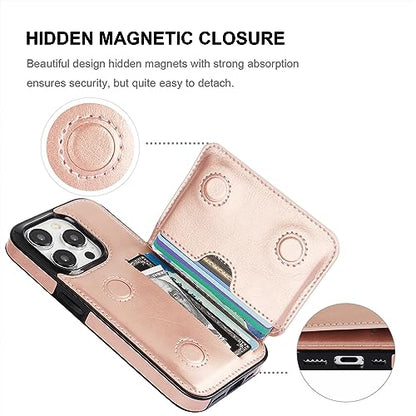 KIHUWEY Compatible with iPhone 15 Pro Wallet Case Credit Card Holder, Premium Leather Kickstand Flip Hidden Magnetic Clasp Durable Shockproof Protective Cover for iPhone 15 Pro 6.1 inch (Rose Gold) - color: Rose Gold