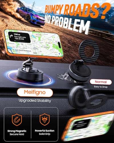 Meifigno for Magsafe Car Mount, [Metal Alloy Arm] Strongest Vacuum Suction & Magnetic Phone Holders for Your Car, Adjustable Car Phone Mount, Car Accessories for iPhone 17 16 15 14 13 12& Android
