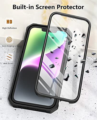FNTCASE for iPhone 14 Plus Case, Built-in Screen Protector, Kickstand Black | 20FT Military-Grade Drop Protection, Anti-Slip Matte Textured, Rugged Heavy Duty Shockproof TPU Protective Cover - color: Black