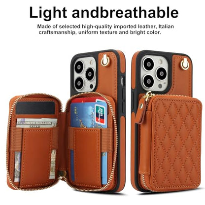 Phone Case for iPhone 14 Pro 6.1 inch Wallet Cell Cover with Tempered Glass Screen Protector Wrist Crossbody Strap RFID Blocking Card Holder iPhone14Pro 5G i i-Phone i14 iPhone14 4 14Pro Women Brown - color: Brown